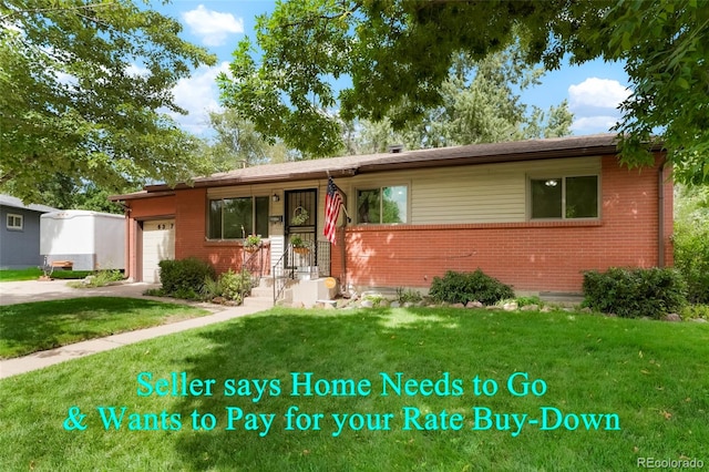 ranch-style home with a garage and a front lawn