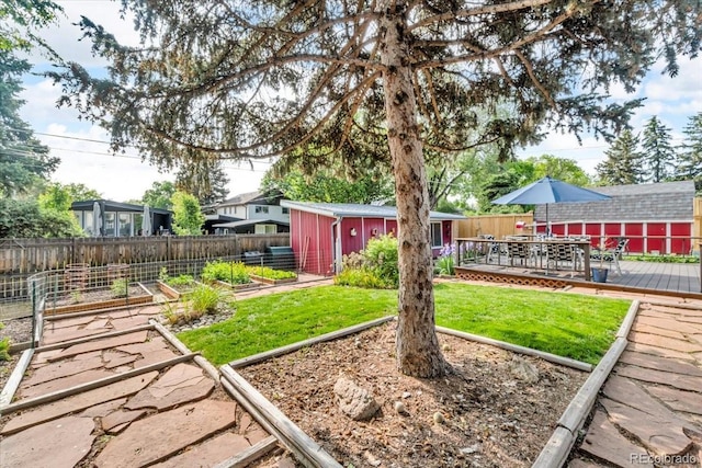 1648 S Locust St, Denver, CO 80224 - fenced backyard featuring a garden, an outbuilding, and a deck