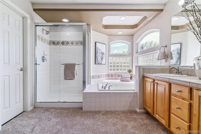9109 Ironwood Way, Highlands Ranch, CO 80129 - full bathroom with a stall shower, recessed lighting, carpet flooring, a bath, and vanity