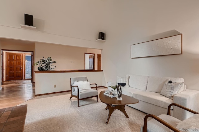 living area with baseboards, a high ceiling, and wood finished floors