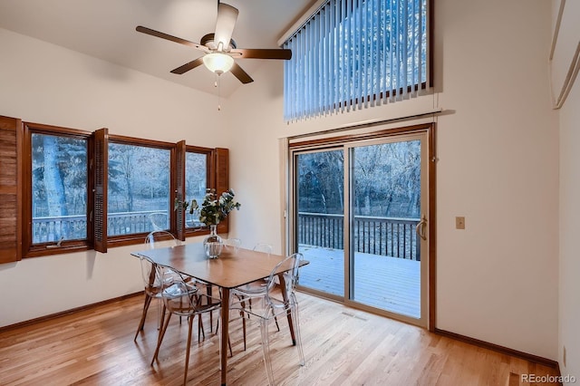 dining space with a healthy amount of sunlight, baseboards, a ceiling fan, and light wood-type flooring