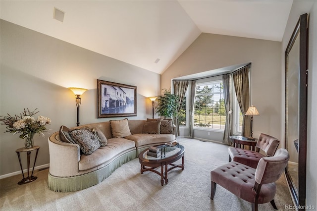 19676 E Pinewood Dr, Aurora, CO 80016 - carpeted living room featuring high vaulted ceiling and baseboards