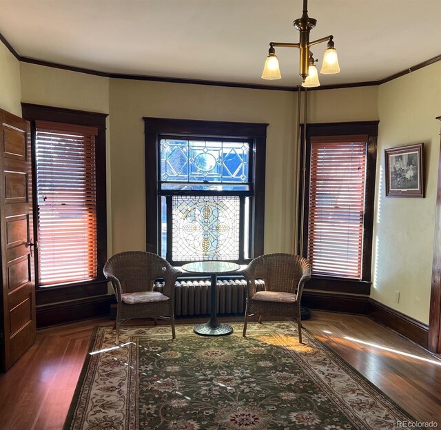 405 2nd Ave, Monte Vista, CO 81144 - living area featuring dark wood-type flooring, crown molding, and baseboards