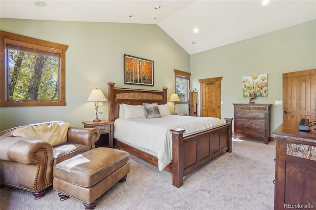 44 Canyon Ct, Eagle, CO 81631 - bedroom featuring multiple windows, light colored carpet, high vaulted ceiling, and recessed lighting