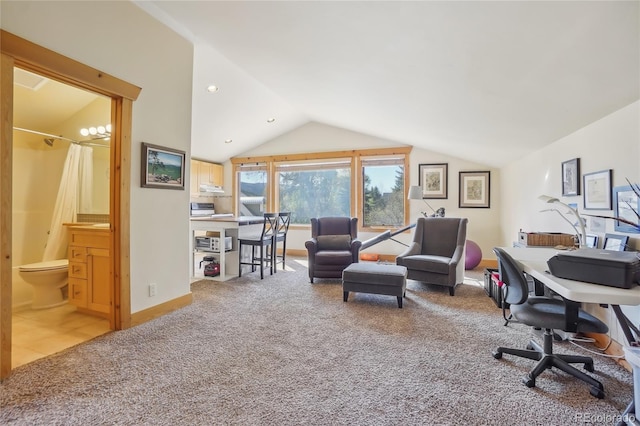 44 Canyon Ct, Eagle, CO 81631 - home office with vaulted ceiling, carpet floors, and recessed lighting