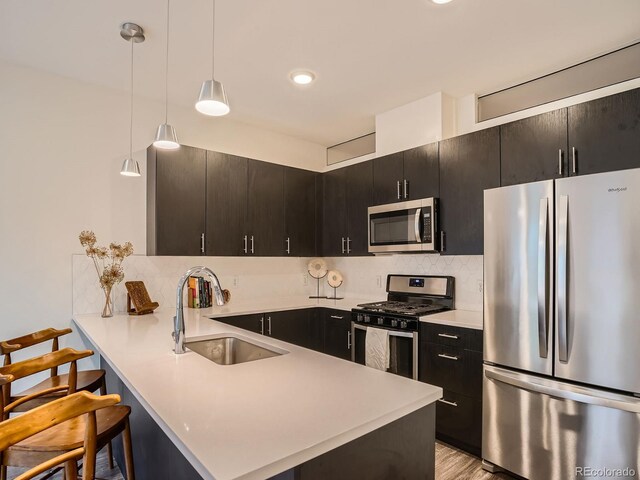 2374 S University Blvd Unit 205, Denver, CO 80210 - kitchen with appliances with stainless steel finishes, a peninsula, light countertops, decorative light fixtures, and tasteful backsplash