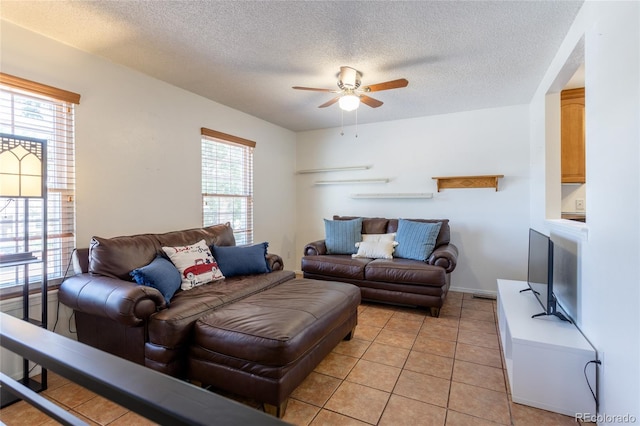 19630 E Purdue Pl, Aurora, CO 80013 - living room featuring a ceiling fan, plenty of natural light, a textured ceiling, and light tile patterned floors