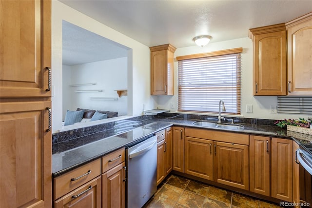 19630 E Purdue Pl, Aurora, CO 80013 - kitchen with dishwasher, dark stone counters, and dark stone finish floors