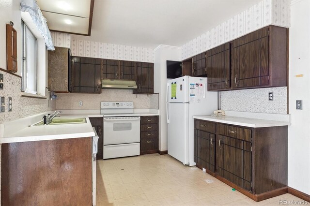 5935 Blanca Ct, Golden, CO 80403 - kitchen featuring under cabinet range hood, white appliances, wallpapered walls, light floors, and dark brown cabinetry