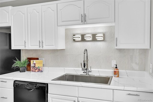 2971 S Sheridan Blvd, Denver, CO 80227 - kitchen with dishwasher, a sink, white cabinets, decorative backsplash, and light stone countertops
