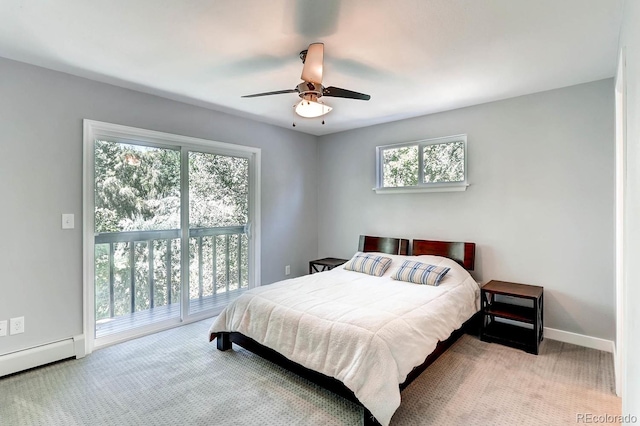 carpeted bedroom featuring a baseboard heating unit, access to outside, and ceiling fan