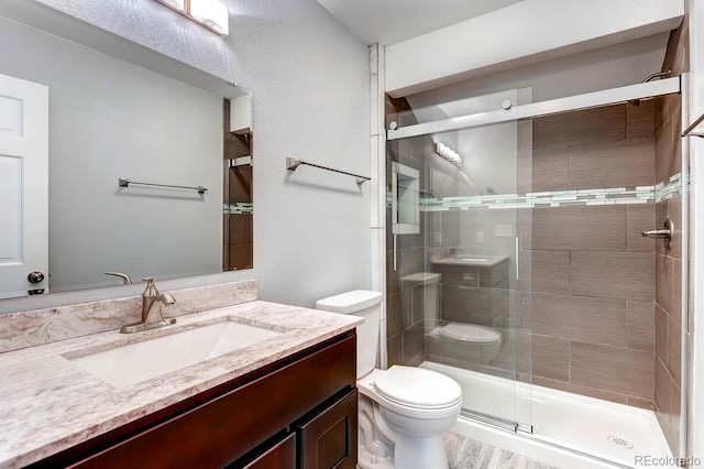 bathroom with a shower with shower door, toilet, and vanity