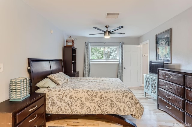 bedroom with ceiling fan and light hardwood / wood-style flooring