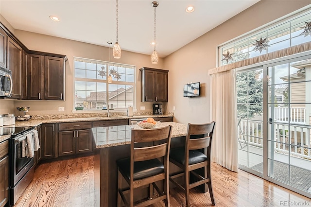 kitchen with stainless steel appliances, a wealth of natural light, dark brown cabinetry, and light stone counters