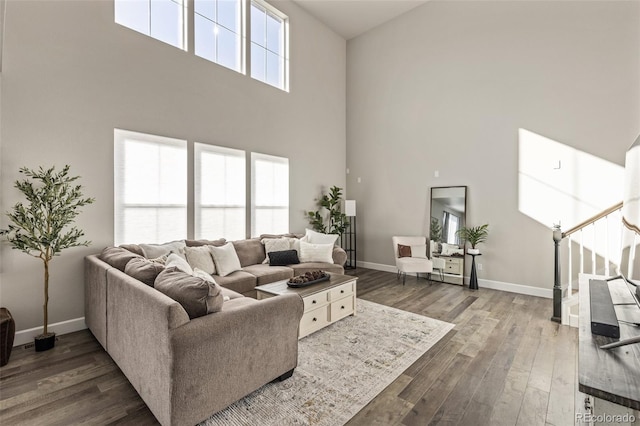 living room featuring hardwood / wood-style flooring and a high ceiling