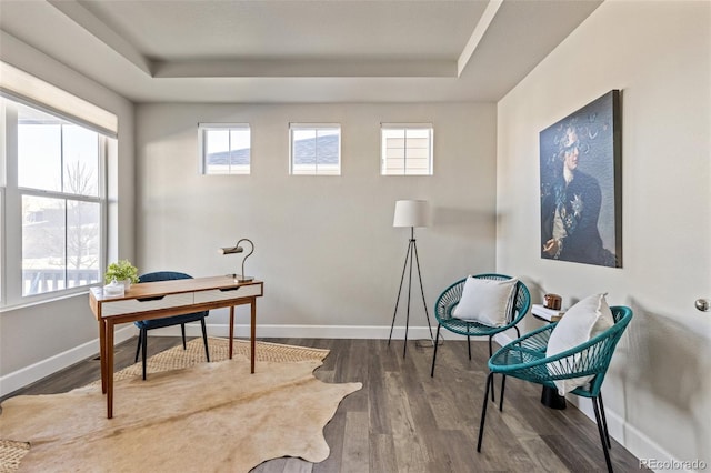 home office with dark hardwood / wood-style flooring, a tray ceiling, and a wealth of natural light