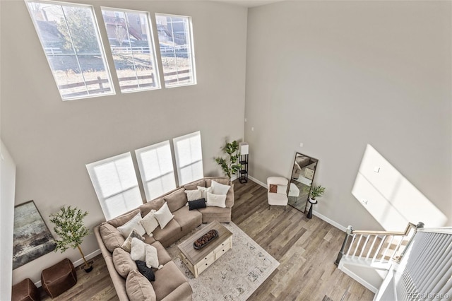 living room featuring a high ceiling and light hardwood / wood-style floors