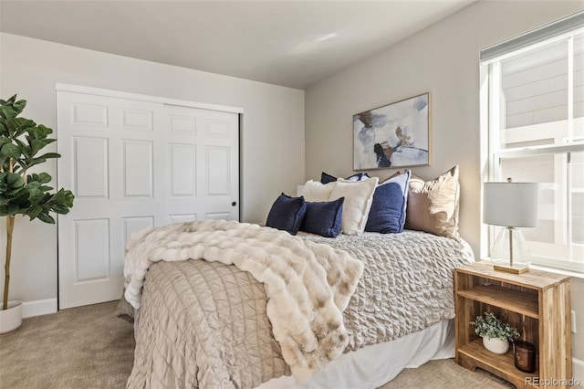 carpeted bedroom with a closet