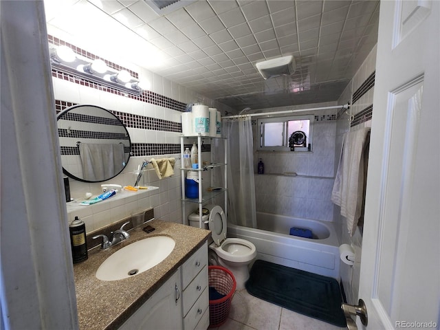 3341 E 99th Way, Thornton, CO 80229 - bathroom with shower / bathtub combination with curtain, vanity, tile patterned floors, tile walls, and backsplash