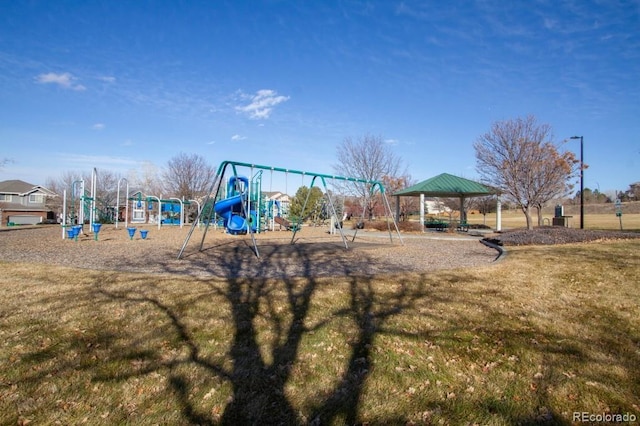 communal playground featuring a yard and a gazebo