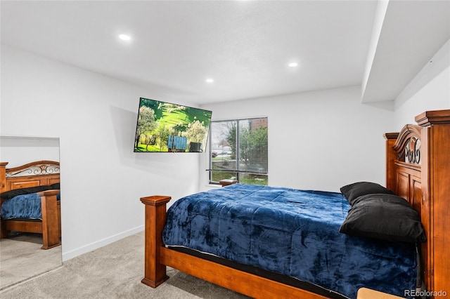 bedroom with light carpet, baseboards, and recessed lighting