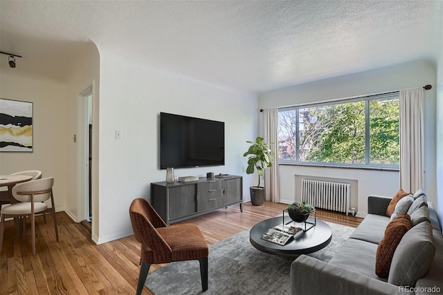 living room featuring light hardwood / wood-style flooring, radiator heating unit, and a textured ceiling