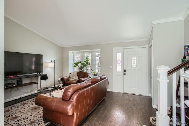 living room with lofted ceiling, dark wood-style floors, crown molding, baseboards, and stairs