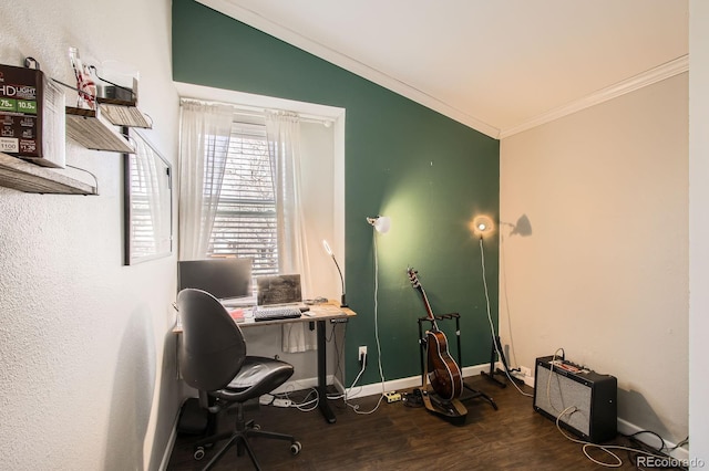 office space with dark wood finished floors, baseboards, crown molding, and lofted ceiling