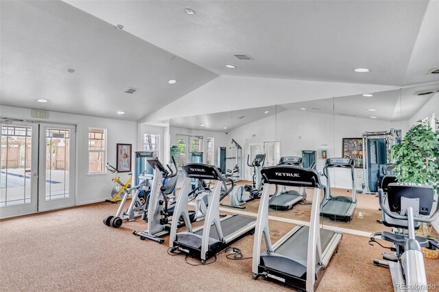 803 E 98th Ave Unit 105, Thornton, CO 80229 - gym featuring french doors, recessed lighting, high vaulted ceiling, carpet, and baseboards