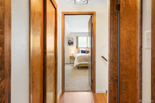 hall featuring lofted ceiling, carpet, baseboards, and wood finished floors