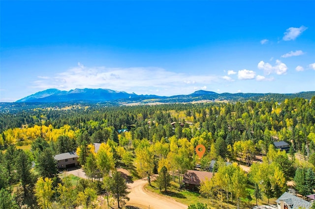 birds eye view of property featuring a mountain view and a view of trees