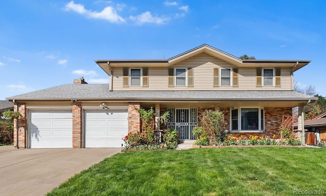 3191 S Holly Pl, Denver, CO 80222 - traditional-style home with concrete driveway, brick siding, a front yard, a garage, and roof with shingles