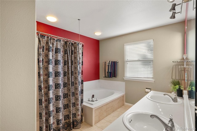 3232 Cimarron Pl, Superior, CO 80027 - full bathroom featuring a garden tub, tile patterned floors, double vanity, and curtained shower