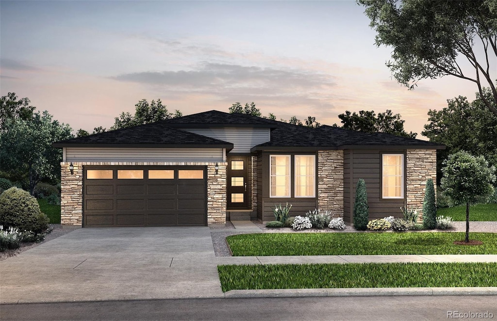 view of front of property with concrete driveway, an attached garage, and stone siding