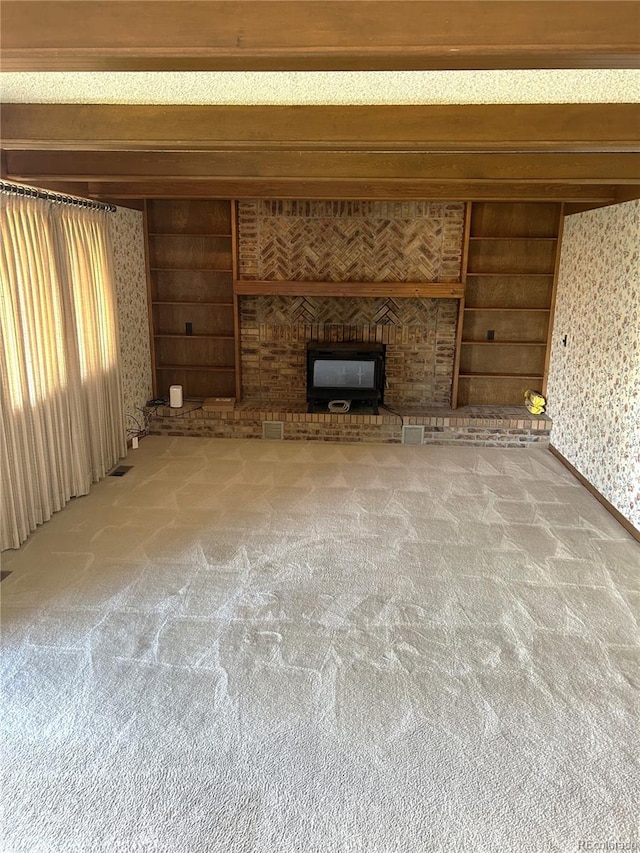 11323 E Cimmarron Dr, Englewood, CO 80111 - unfurnished living room with carpet, a brick fireplace, and wallpapered walls