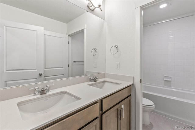 18162 Coppermallow Trl, Parker, CO 80134 - full bath featuring double vanity,  shower combination, tile patterned flooring, and recessed lighting