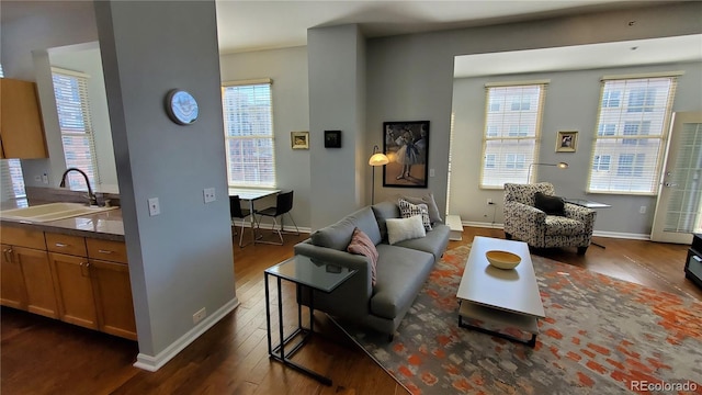 living area featuring dark wood-type flooring, baseboards, and a wealth of natural light