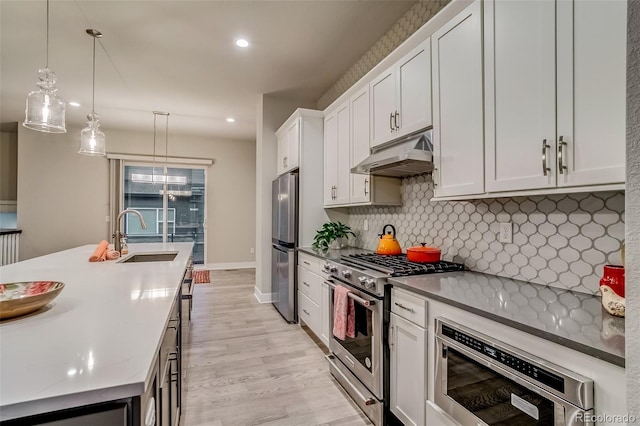 5185 Vivian St, Wheat Ridge, CO 80033 - kitchen featuring stainless steel appliances, under cabinet range hood, a sink, decorative backsplash, and light wood-style flooring