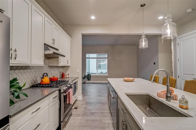 5185 Vivian St, Wheat Ridge, CO 80033 - kitchen featuring stainless steel appliances, a sink, under cabinet range hood, light wood finished floors, and recessed lighting