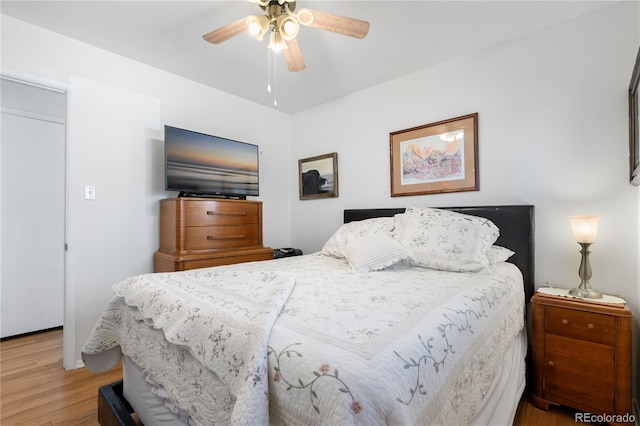 bedroom with light hardwood / wood-style floors and ceiling fan