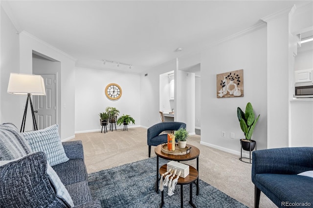 carpeted living room featuring crown molding and track lighting