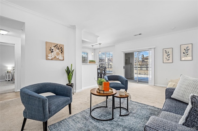 living room with light colored carpet and crown molding