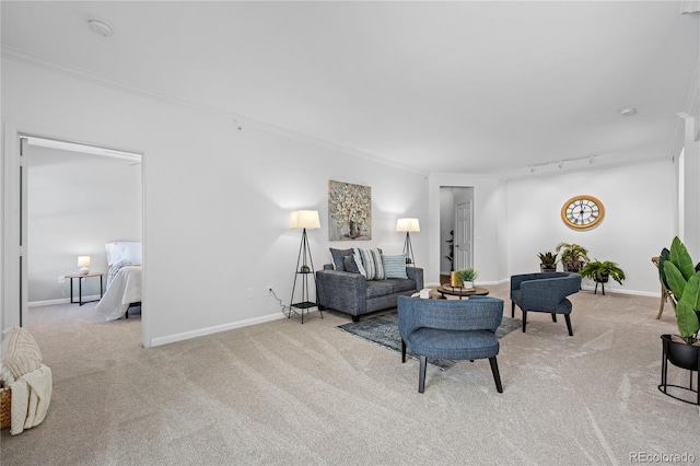 carpeted living room featuring crown molding and rail lighting