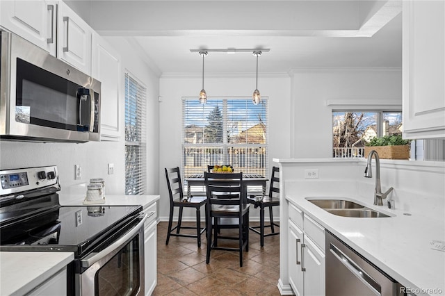 kitchen featuring appliances with stainless steel finishes, decorative light fixtures, ornamental molding, white cabinets, and sink