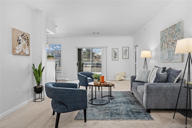 carpeted living area featuring baseboards and ornamental molding