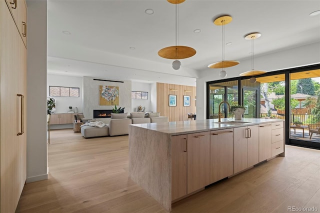 171 S Dexter St, Denver, CO 80246 - kitchen featuring modern cabinets, light wood-style floors, a fireplace, recessed lighting, and light brown cabinetry