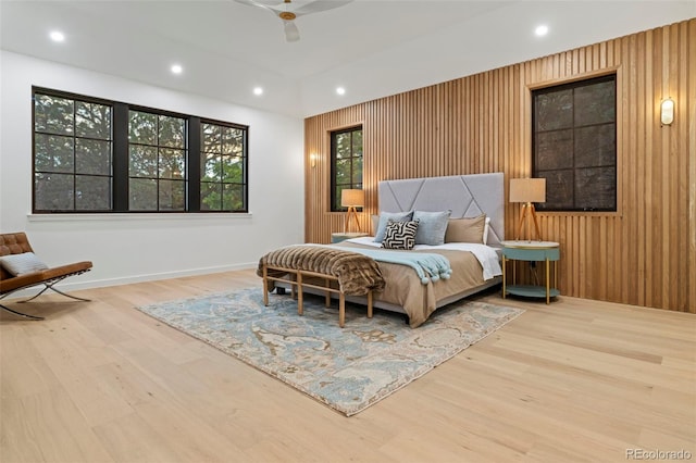 171 S Dexter St, Denver, CO 80246 - bedroom featuring wood finished floors, wooden walls, recessed lighting, and a ceiling fan