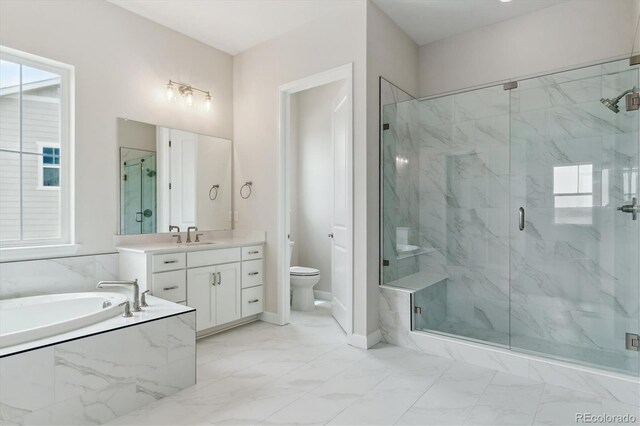 4978 Hickory Oaks St, Castle Rock, CO 80104 - full bath with marble look tile flooring, a bath, a marble finish shower, and toilet