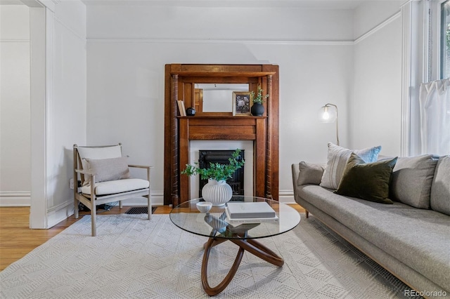 living room with baseboards, a fireplace, and wood finished floors