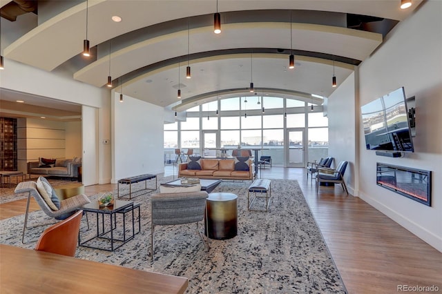 living area featuring a healthy amount of sunlight, wood finished floors, a glass covered fireplace, and baseboards